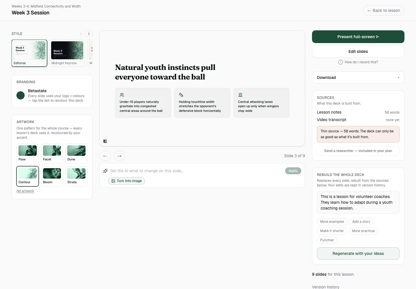 A lesson presentation open in the Knola slide builder