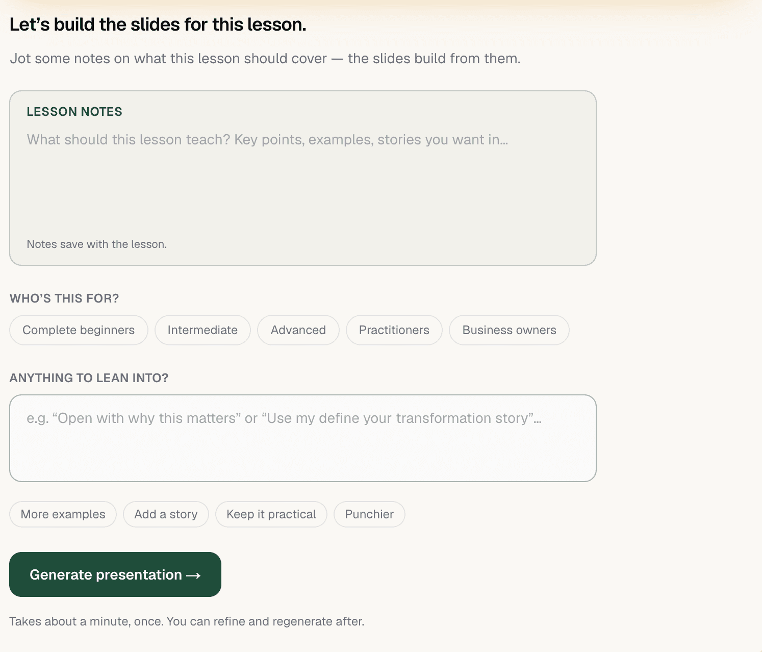 Knola presentation generation settings: lesson notes, audience choices, teaching preferences, and the Generate presentation button