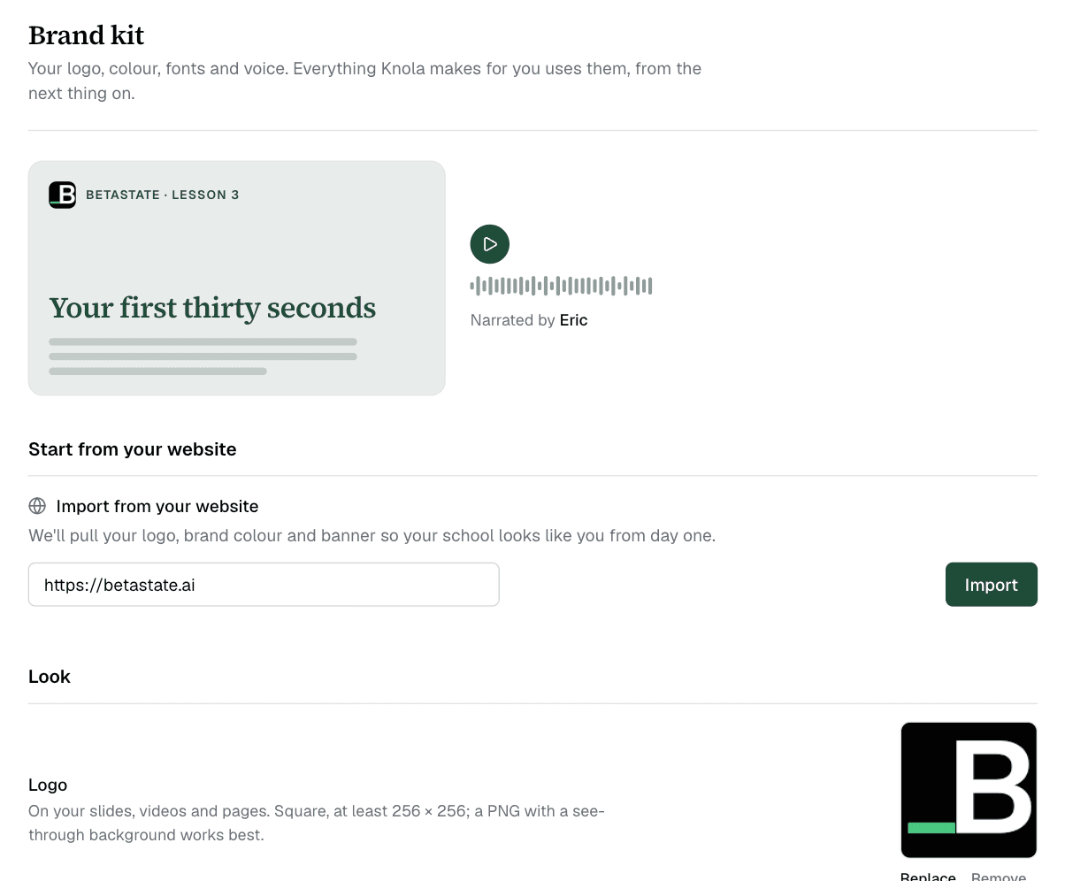 The Knola brand kit: import from your website, logo, colours and the narration voice