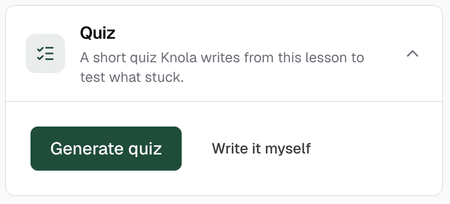 Knola quiz controls with Generate quiz and Write it myself options