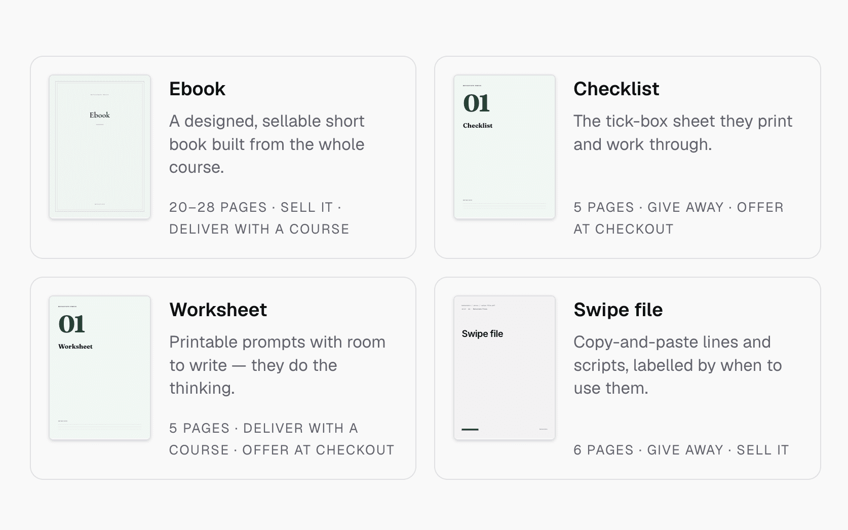 Ebook, checklist, worksheet and swipe file formats made from a course in Knola