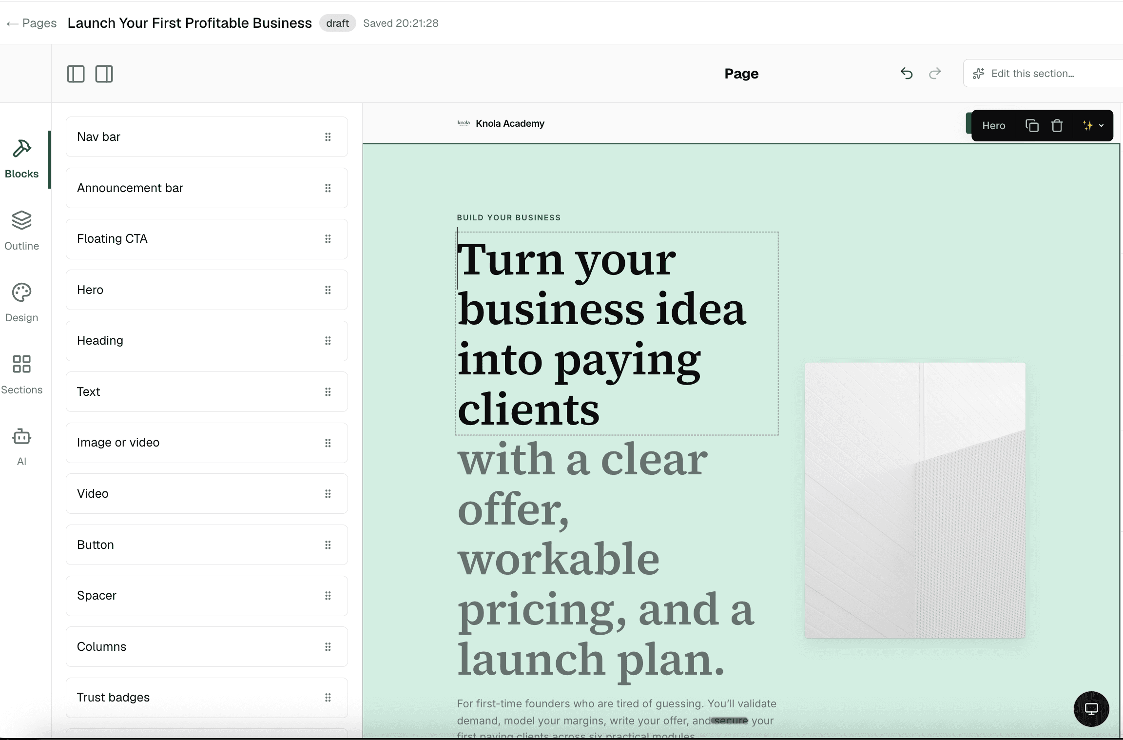 Knola’s page editor showing the selected hero heading, drag-and-drop blocks and the Edit this section control