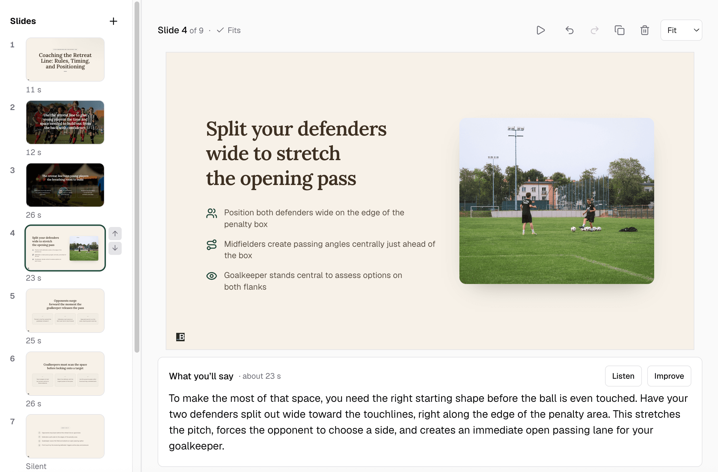 A 7v7 coaching slide in Knola's slide editor, with the script under it