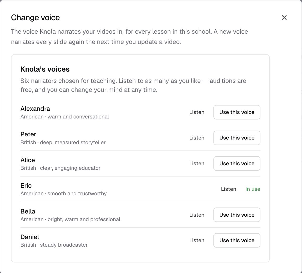 Choosing the narrator for Knola lesson videos: six voices, each with a free audition