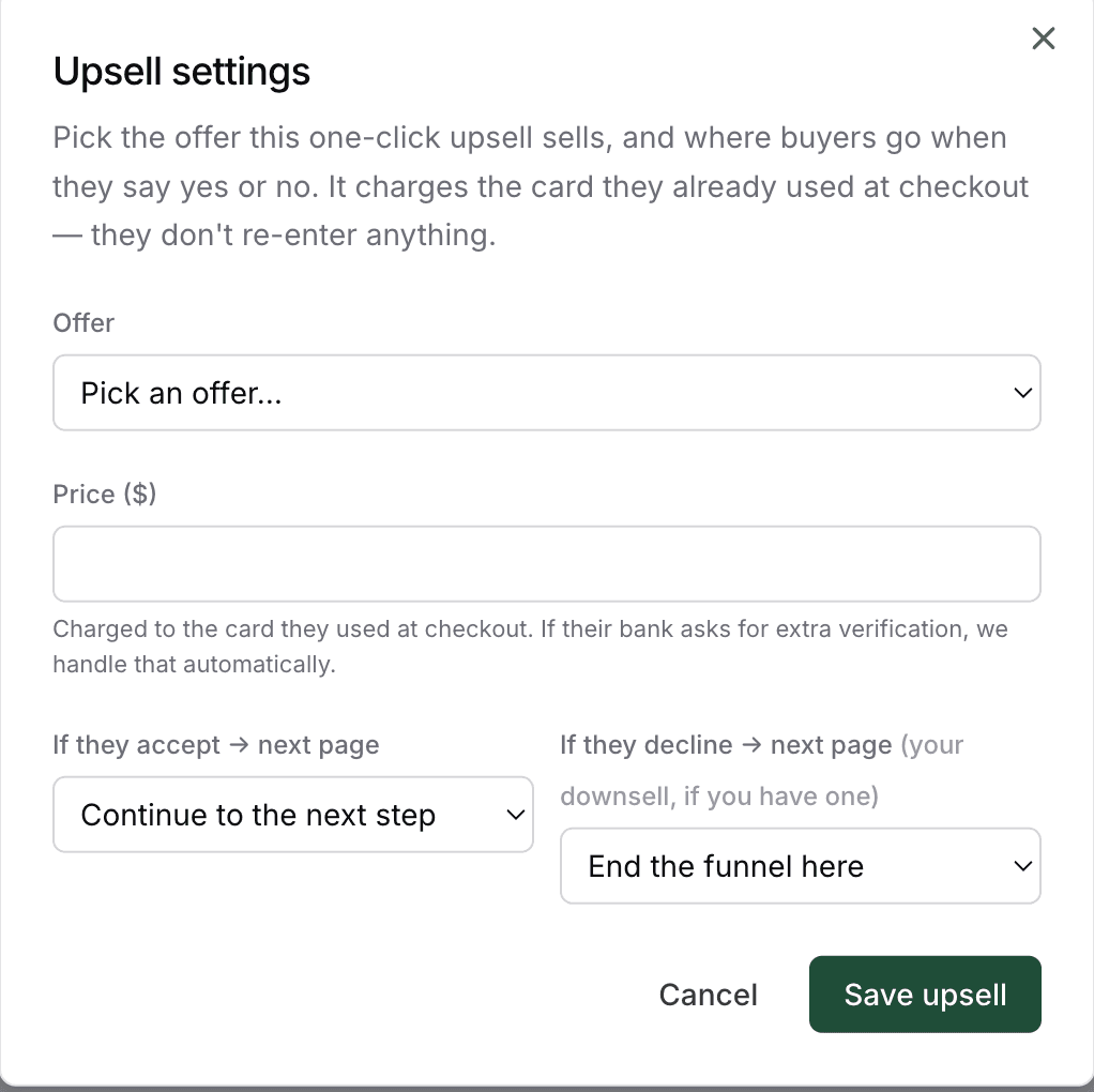 The upsell settings in a Knola funnel with an offer and next-step choices