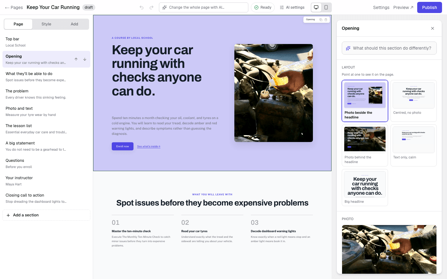 The Knola Academy sales page open in the Knola page editor