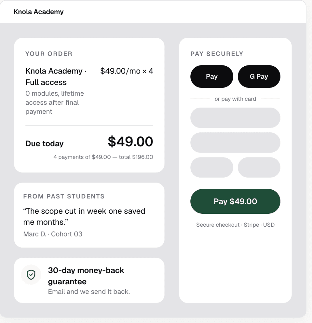 The Knola course checkout preview showing the selected pricing mode