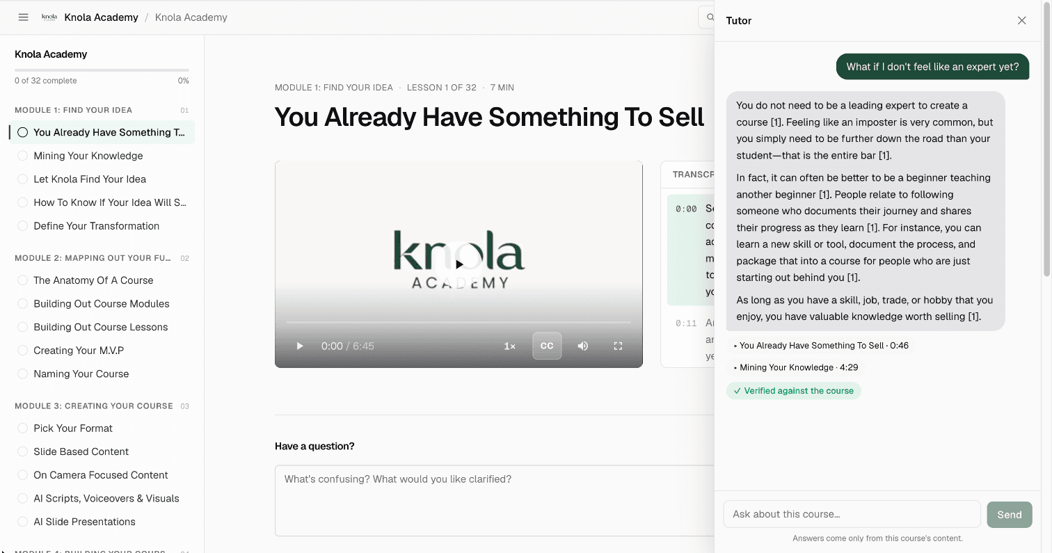 A real Knola Academy tutor answer with references to the source lessons