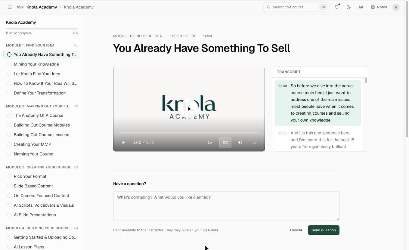 A lesson in the Knola course player with video and course navigation
