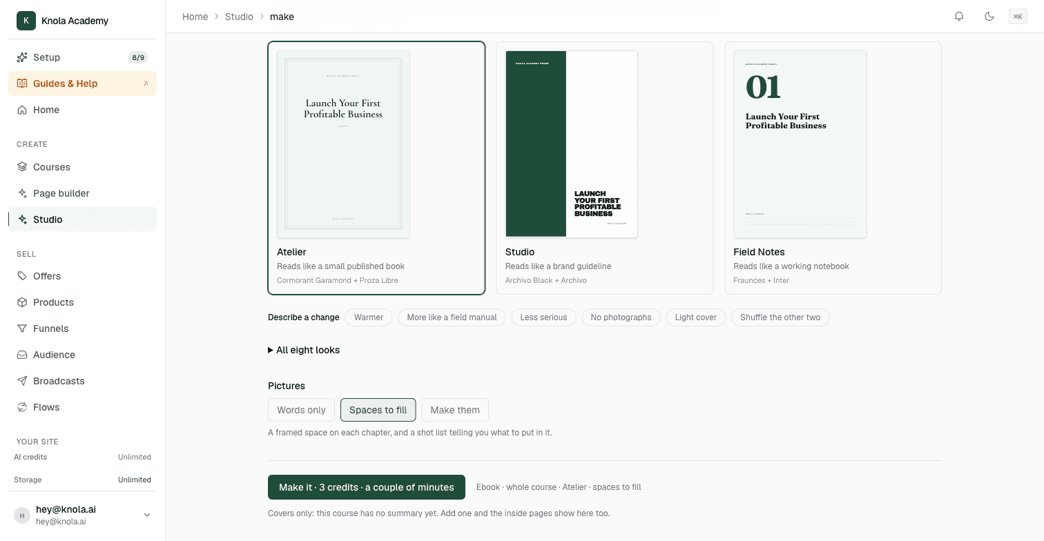 Ebook design choices in Studio, with Atelier selected and optional chapter pictures