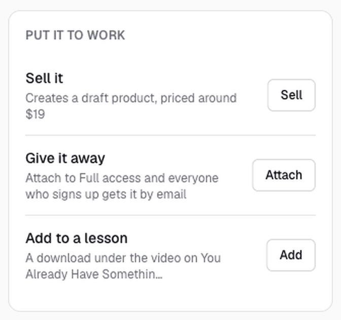 Knola options for selling a resource, giving it away or adding it to a lesson