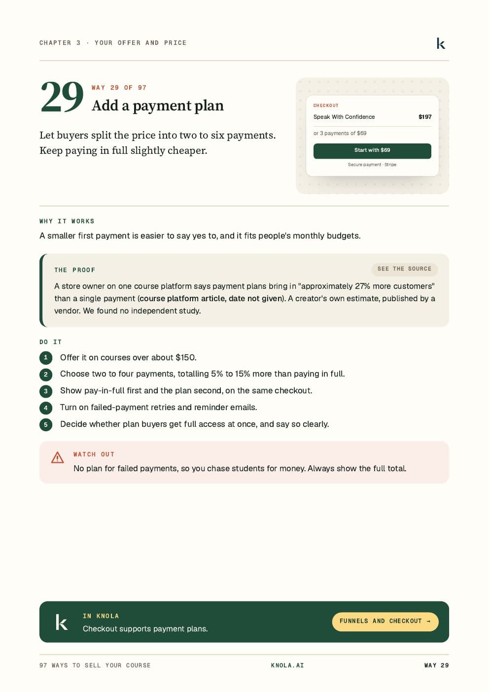 A page from the guide: Way 29, add a payment plan, with the idea, the proof, the steps and how to do it in Knola