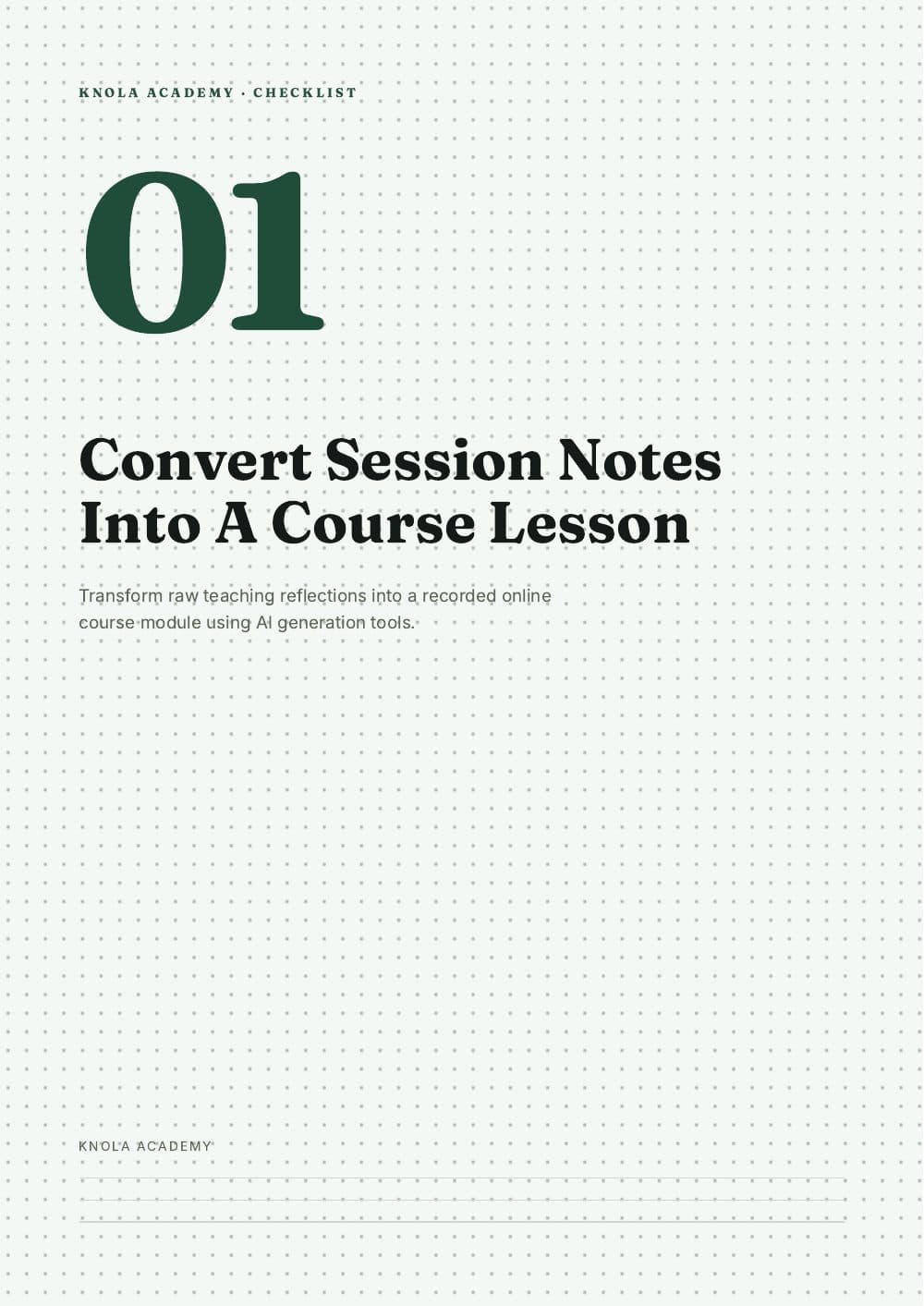 The checklist "Convert Session Notes Into A Course Lesson", cover page, in the Field Notes style