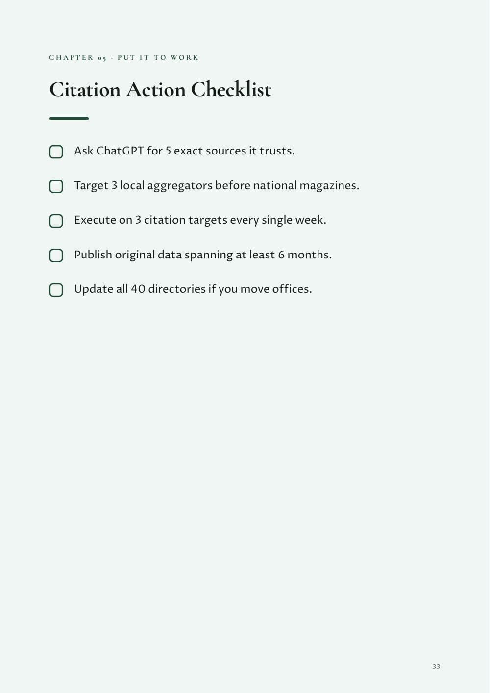 The AI Visibility Playbook · 35 pages, page 33