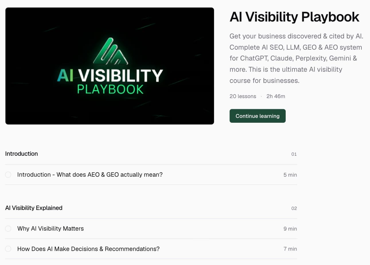 The AI Visibility Playbook course page in Knola: the course cover, "20 lessons · 2h 46m", and the first modules of the lesson list