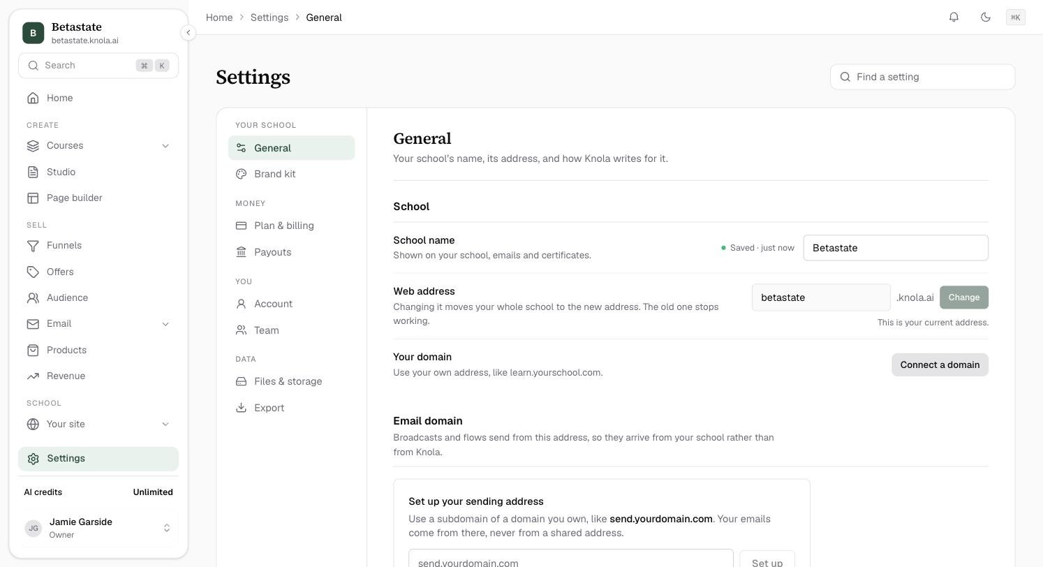 Settings open on General: the Find a setting box at the top right, and the settings menu grouped into Your school, Money, You and Data