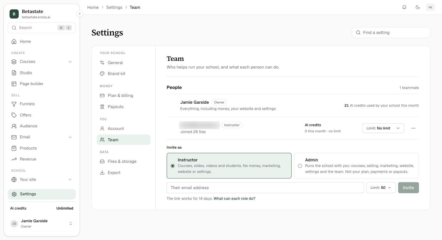 Settings → Team: People with the owner and one instructor, AI credit use and a Limit control, then Invite as with Instructor and Admin, an email box, a Limit and Invite