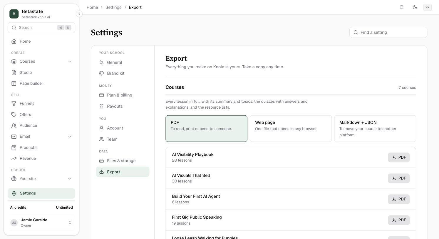 Settings → Export: the Courses section with PDF, Web page and Markdown + JSON format cards, and a list of courses with their lesson counts and a PDF download button each