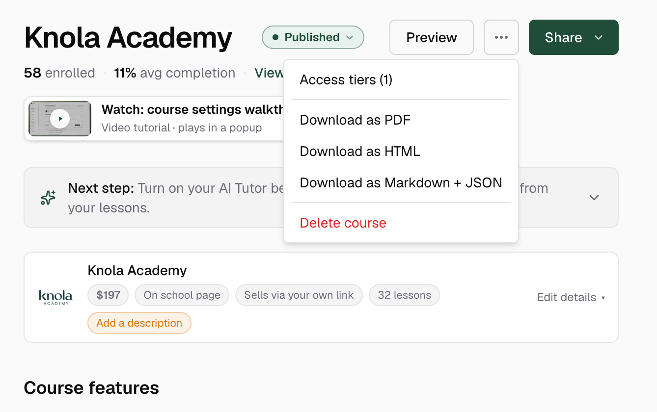 The course page with the ⋯ menu open, showing Access tiers at the top of the dropdown