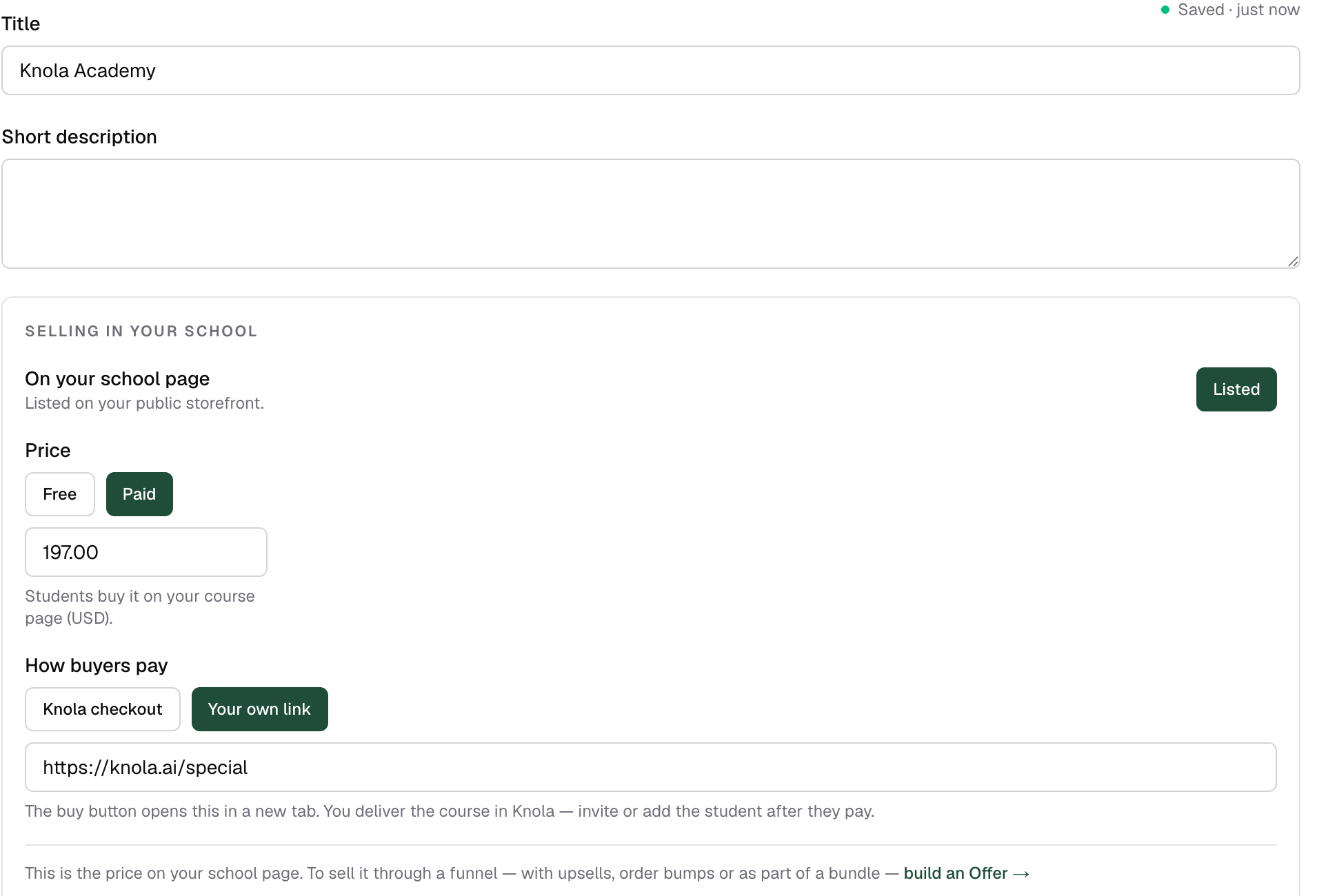 The expanded details strip showing the title, description, price mode buttons and the "How buyers pay" options