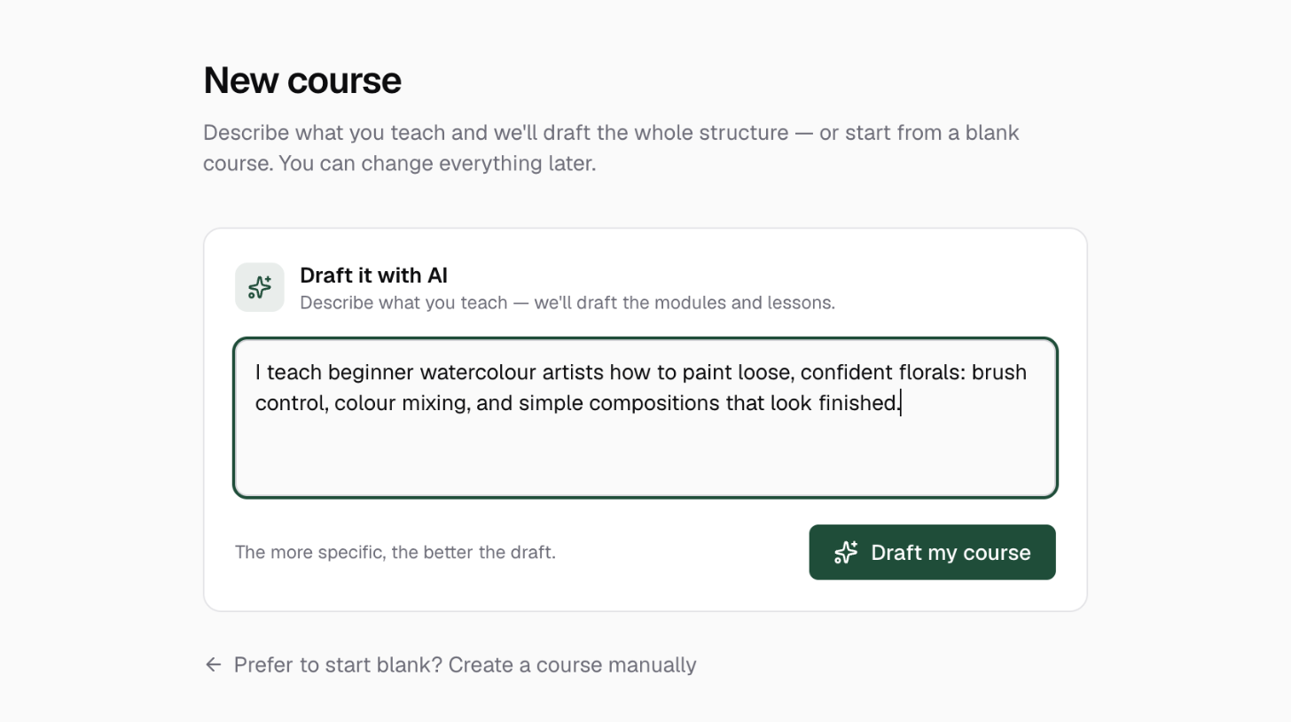 The "Draft it with AI" card with a description of the course typed into the description box and the "Draft my course" button