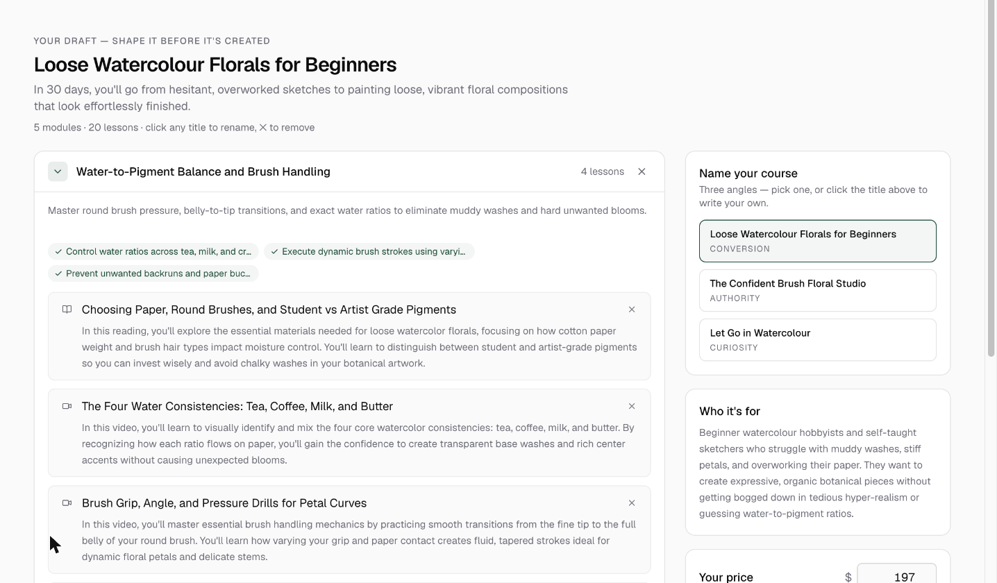The draft studio with modules expanded, showing editable module and lesson titles, lesson outlines, and remove buttons
