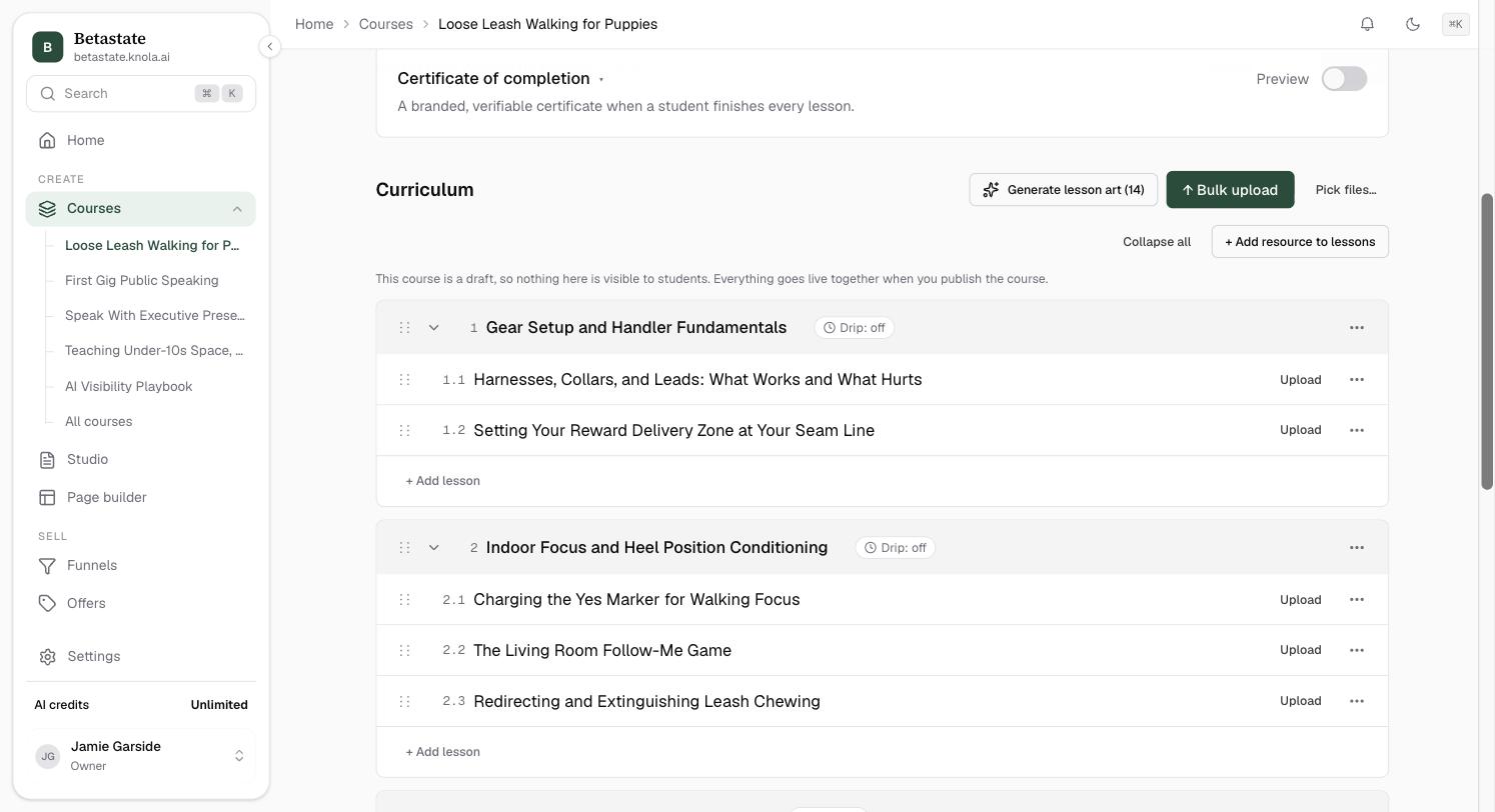 The Curriculum with a Drip: off pill beside each module title