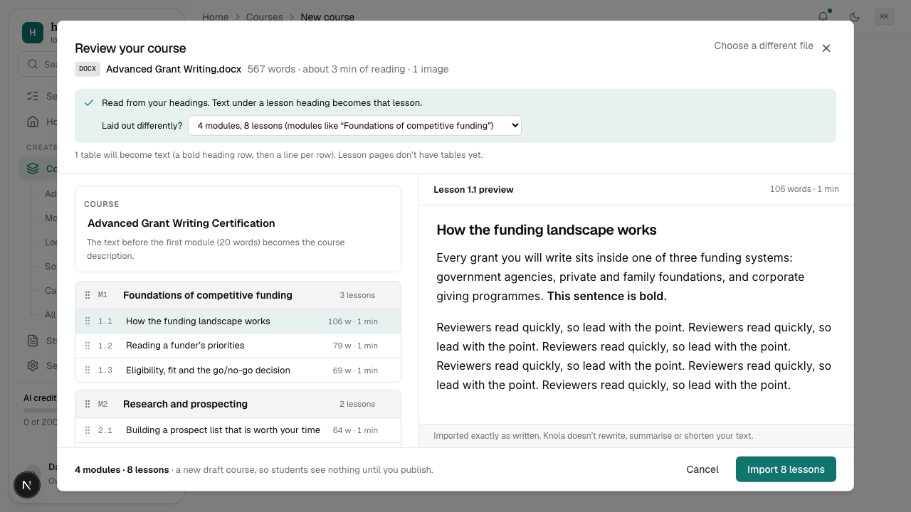 The Review your course window: the course title, modules with numbered lessons and word counts on the left, and a preview of the selected lesson on the right