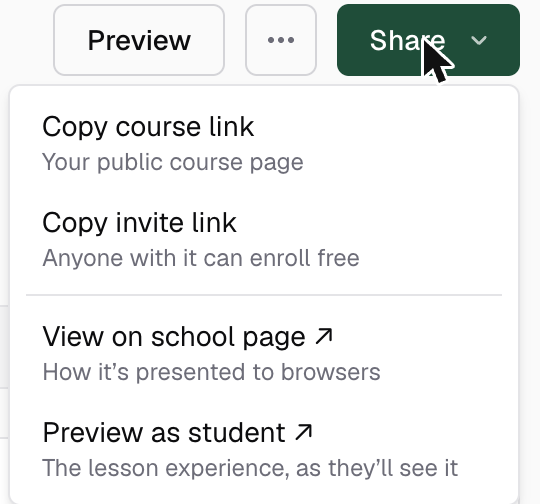 The Share menu open in the course header, showing Copy course link, Copy invite link, View on school page and Preview as student