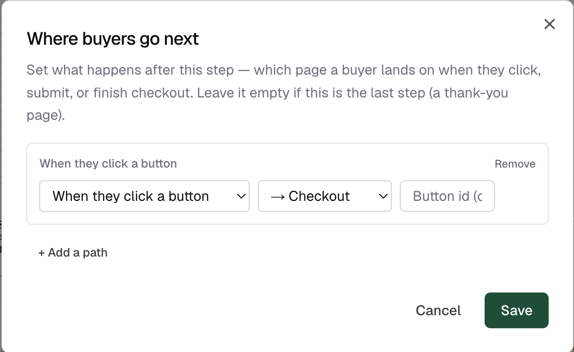 The Where buyers go next dialog with a click trigger, a destination step picker and the split-path option
