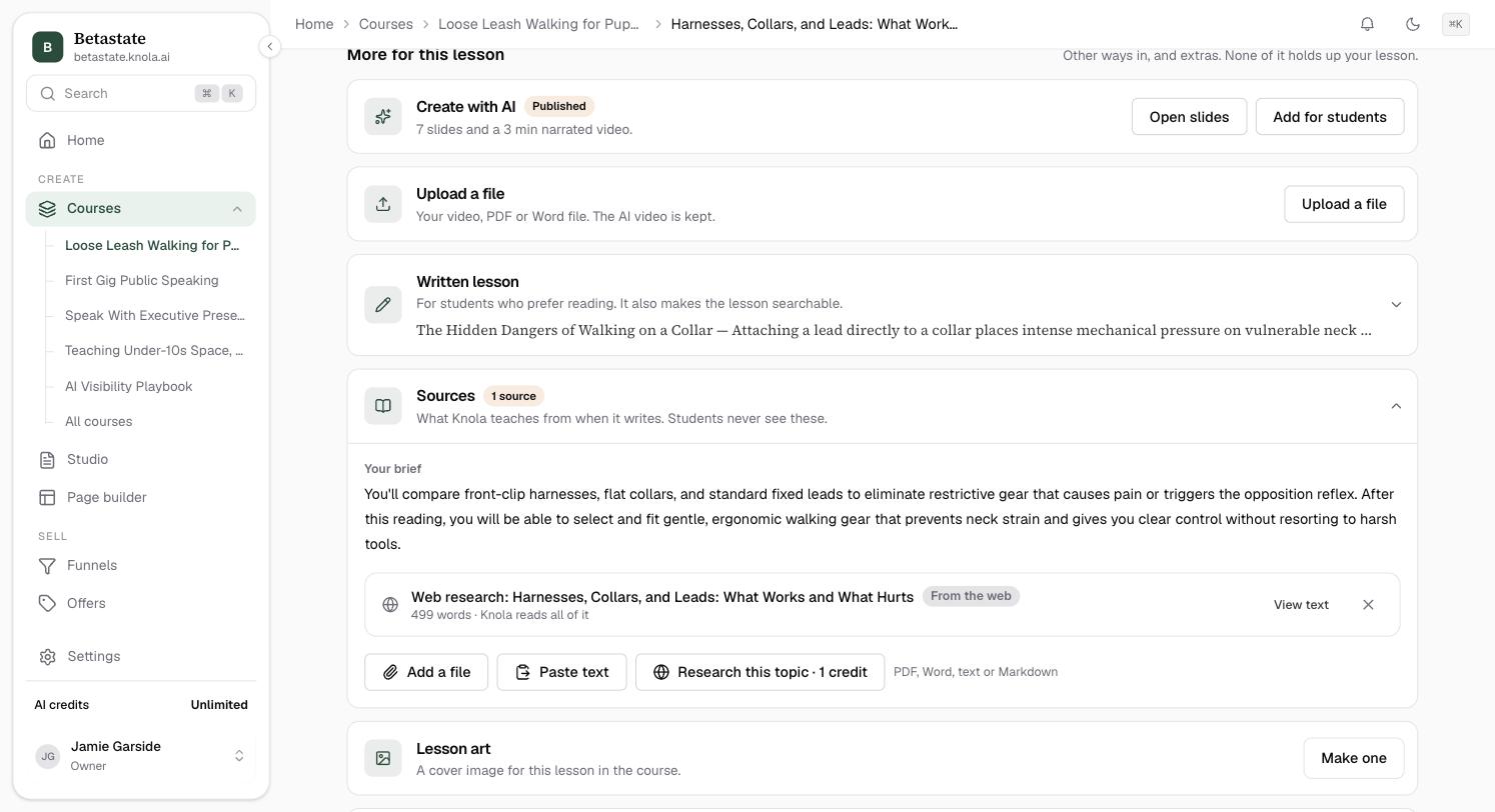 The Sources panel on a lesson: the brief, a web research source with View text, and Add a file, Paste text and Research this topic buttons