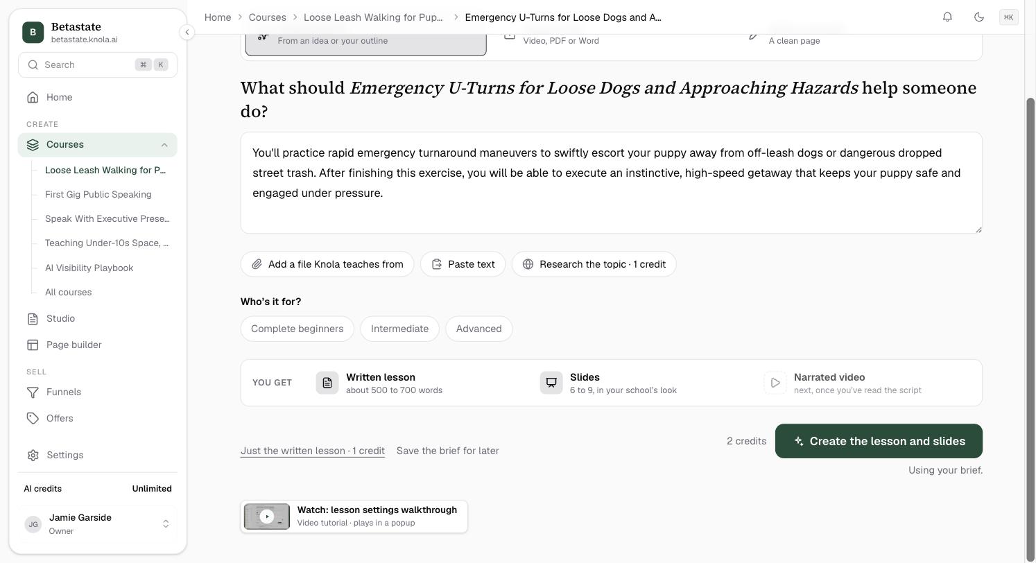 The bottom of the brief: You get, listing a written lesson, slides and a narrated video, with Just the written lesson, Save the brief for later and Create the lesson and slides