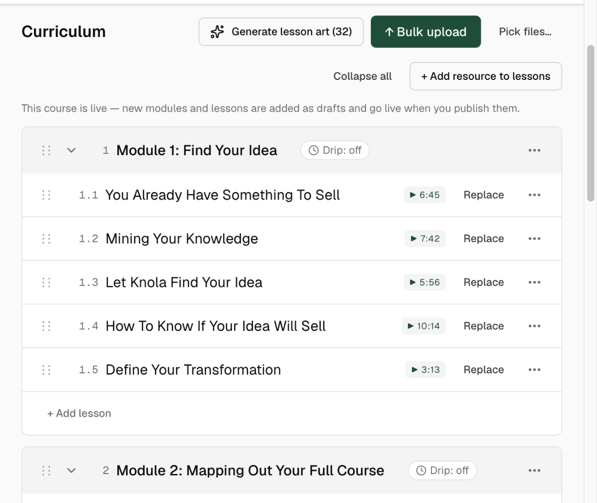 The Curriculum section header on the course page with the "+ Add resource to lessons" button above the module list