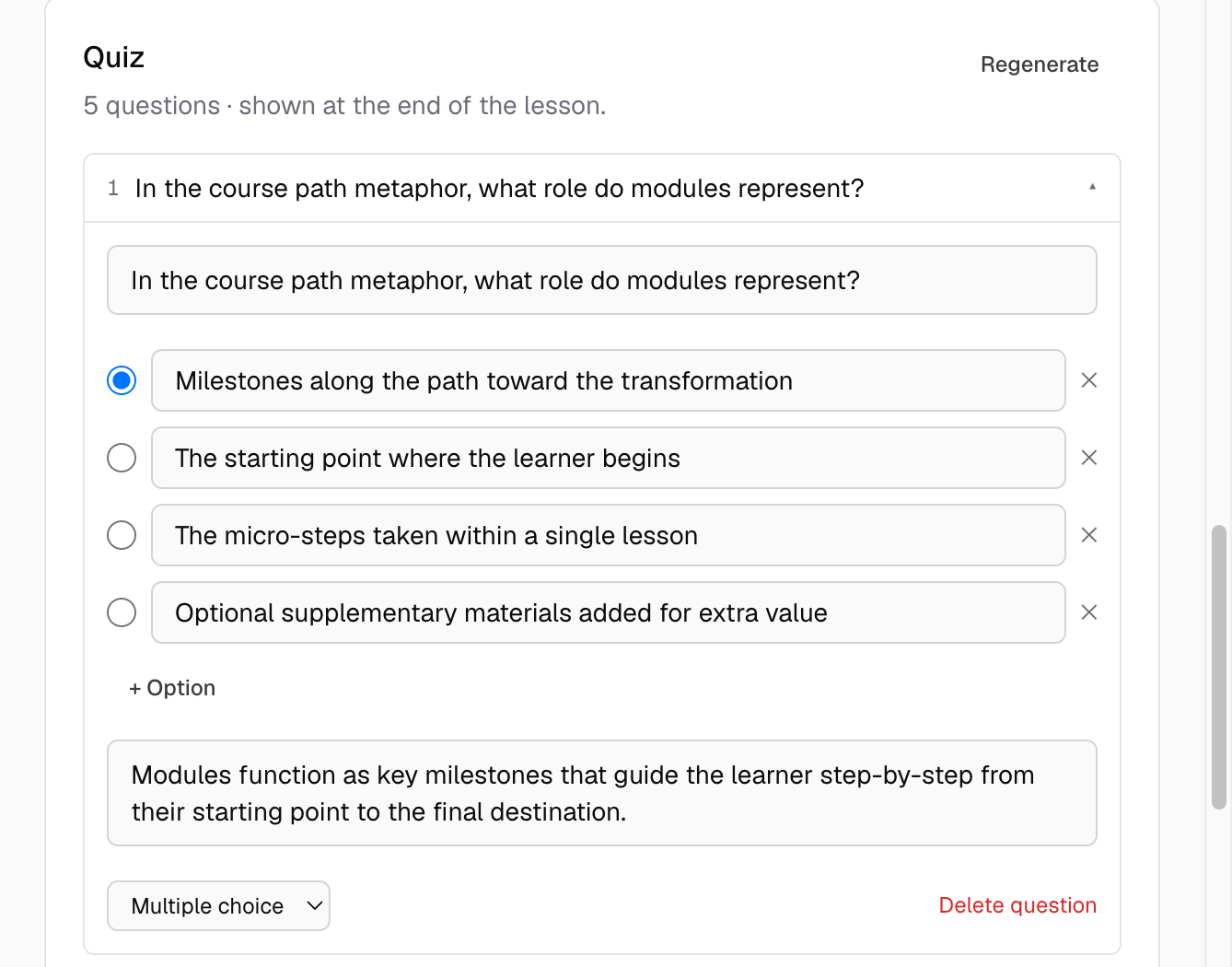 A generated question expanded in the Quiz panel: editable question text, four answer options with the correct one marked, the explanation box, the type selector and Delete question