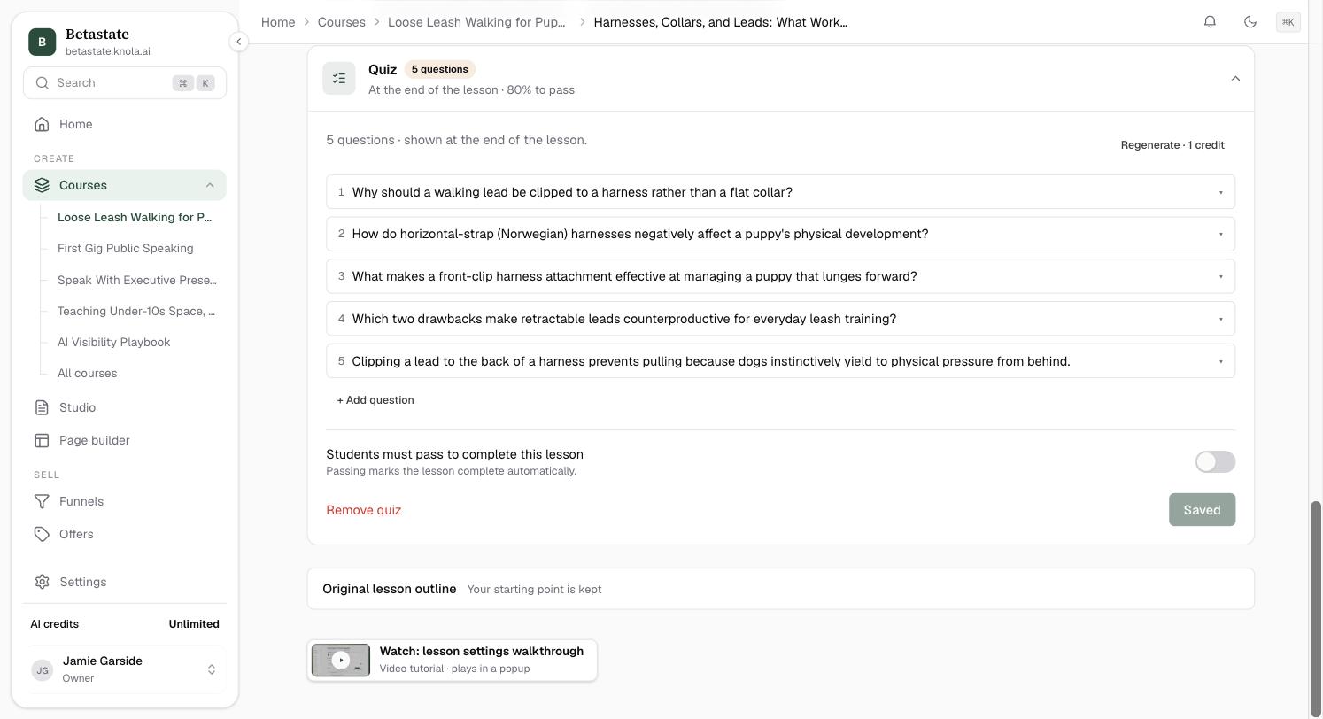 The bottom of the quiz: the Students must pass to complete this lesson switch, Remove quiz, and the Saved button