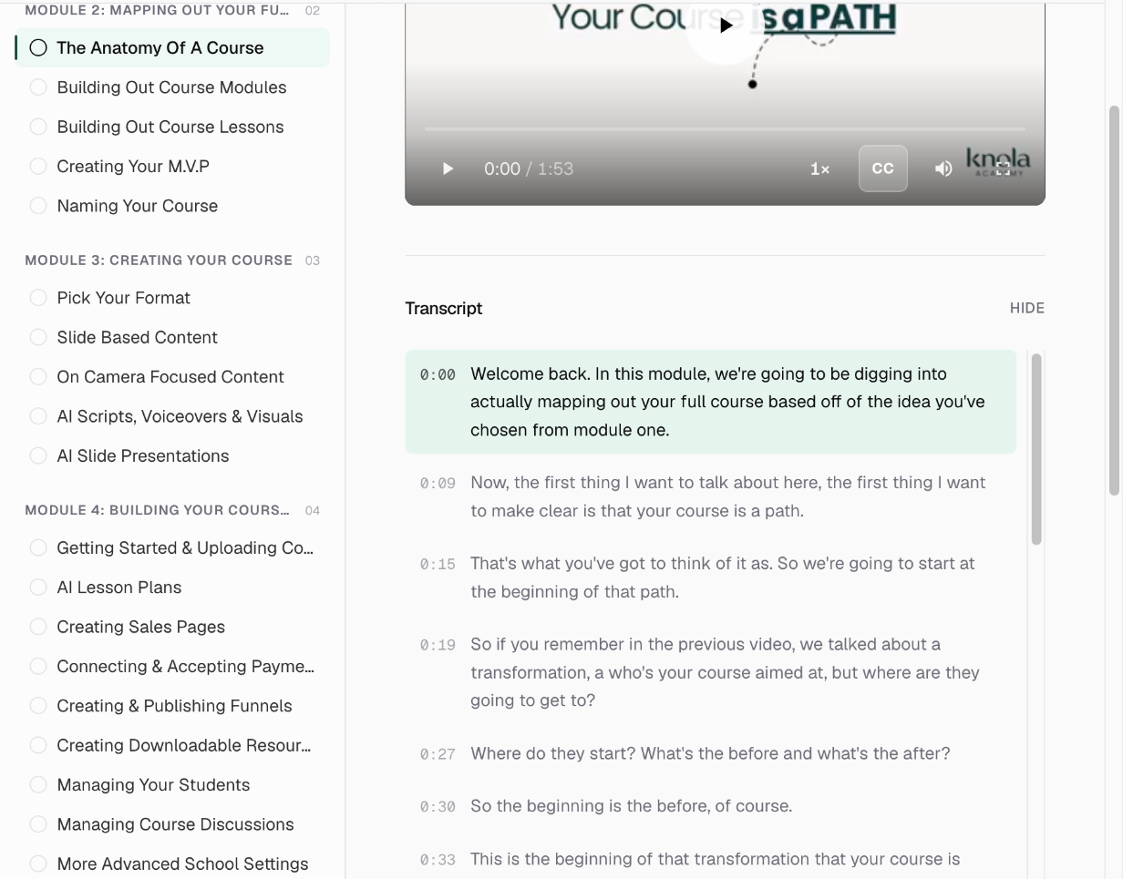 The student lesson view with the video player and the Transcript section open below it, showing timestamped lines with the current line highlighted