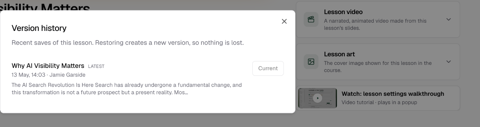 The Version history panel showing a save with its title, the Latest tag, the date and author, a preview of the writing, and the disabled Current button