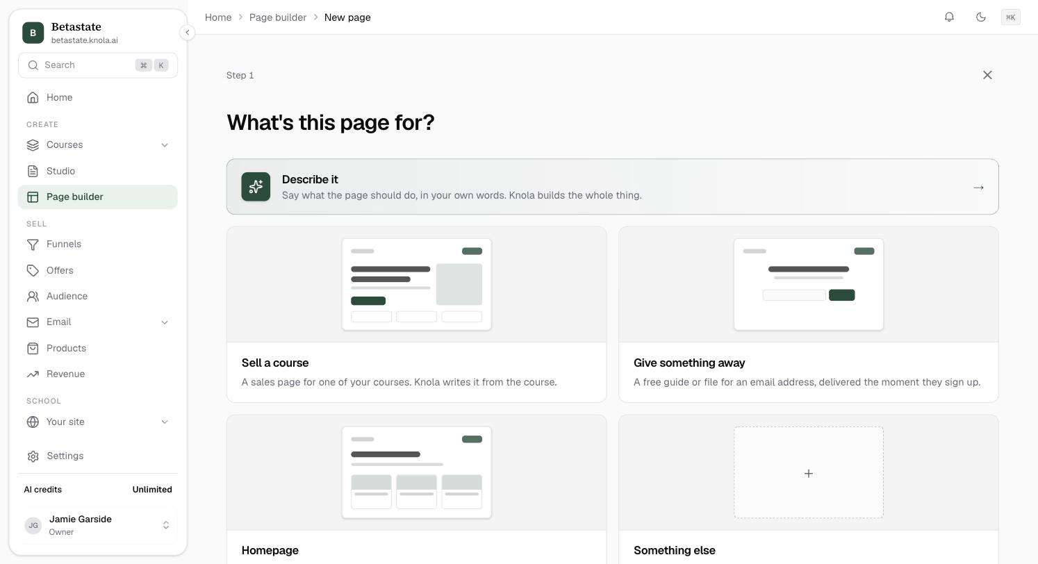 Step 1, What's this page for?: Describe it at the top, then cards for Sell a course, Give something away, Homepage and Something else