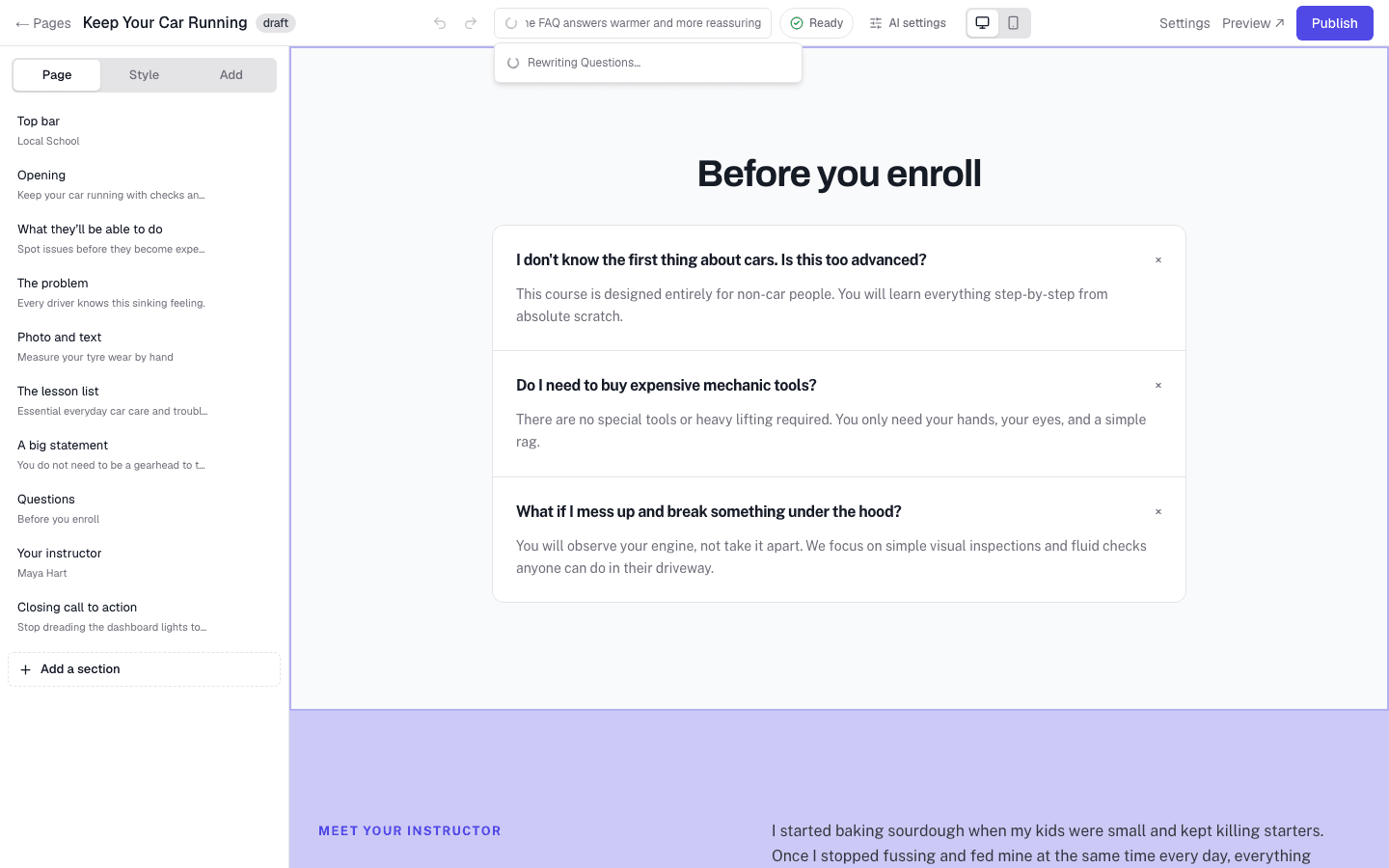 The AI box in the header with a list of the changes in progress beneath it, and the section being rewritten outlined on the page