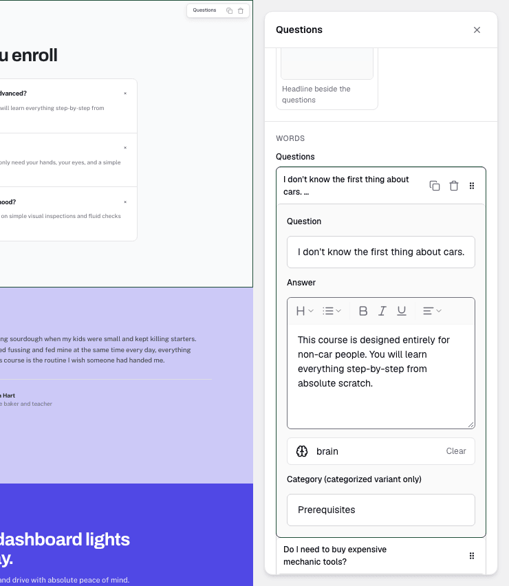 The Questions section panel with one question open, showing the Answer paragraph and its formatting toolbar: headings, lists, bold, italic, underline and alignment