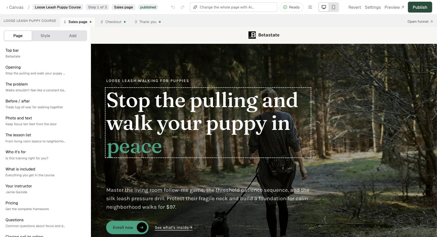 The page editor: the header with Change the whole page with AI, Ready, Revert, Settings, Preview and Publish; tabs for the funnel pages Sales page, Checkout and Thank you; the Page tab listing every section; and the page at real size