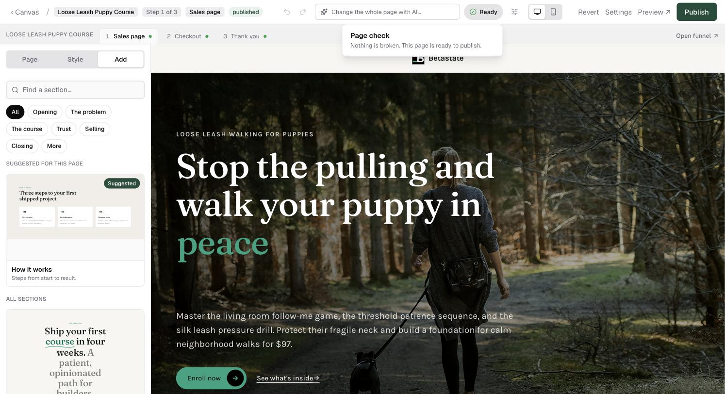 The Page check opened from the Ready pill in the editor header: Nothing is broken. This page is ready to publish.