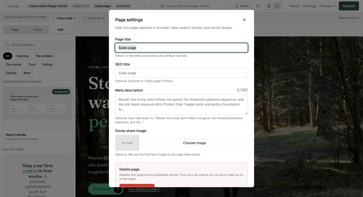 The Page settings dialog with Page title, SEO title, Meta description and Social share image fields, and Delete page at the foot