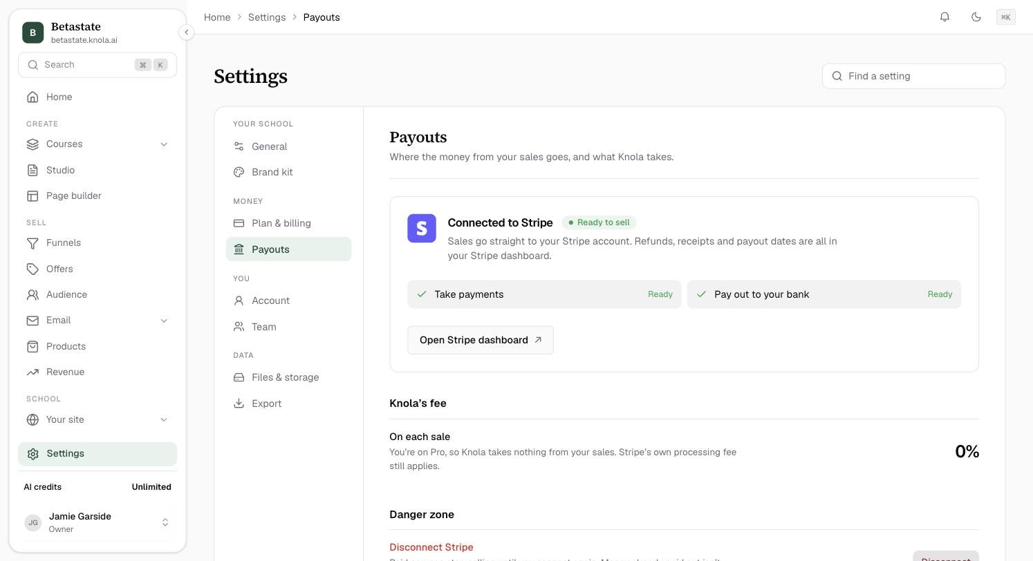 Settings → Payouts: Connected to Stripe with Ready to sell, ticks for Take payments and Pay out to your bank, Open Stripe dashboard, and Knola’s fee On each sale