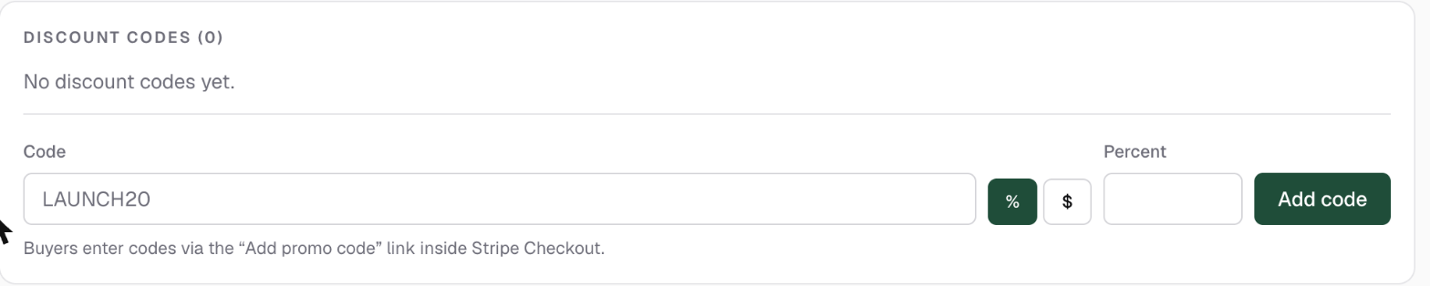 The Discount codes card on the offer Setup tab listing codes with their discounts and status badges