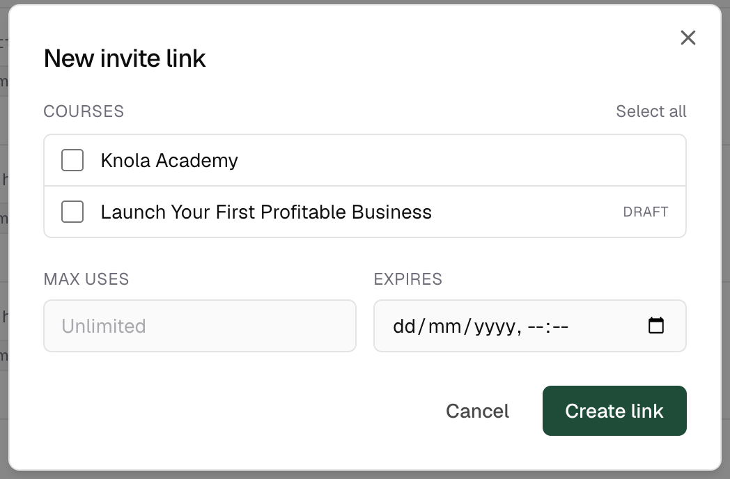 The "New invite link" dialog with course checkboxes, max uses and expiry fields