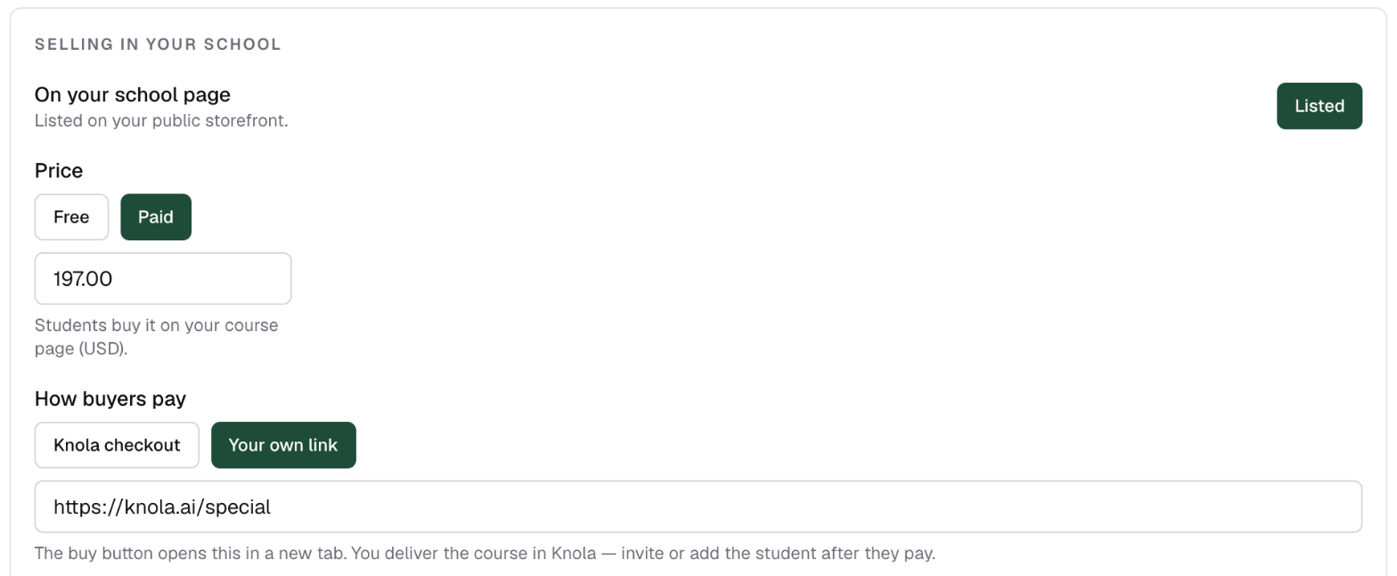 Course details showing the "Knola checkout" and "Your own link" payment options with "Your own link" selected and an external checkout URL filled in