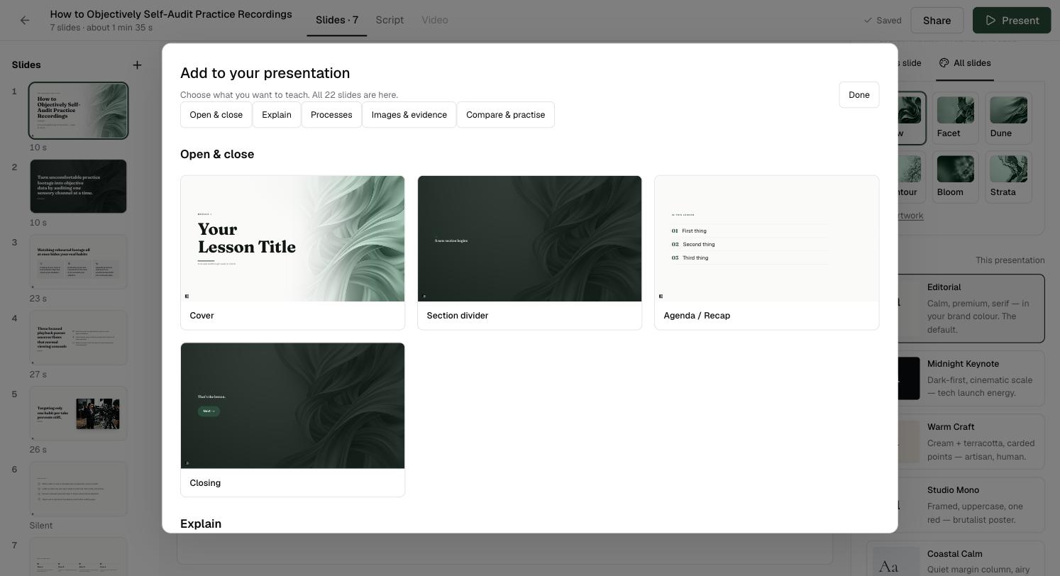 The Add to your presentation window, with groups Open & close, Explain, Processes, Images & evidence and Compare & practise, showing Cover, Section divider, Agenda / Recap and Closing slides