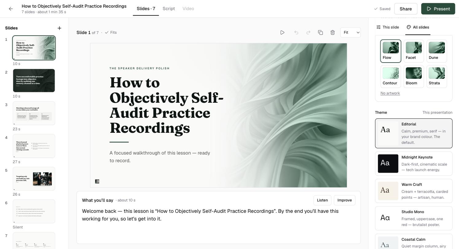 The All slides panel: cover artwork choices such as Flow, Facet, Dune, Contour, Bloom and Strata, and themes including Editorial, Midnight Keynote, Warm Craft and Studio Mono