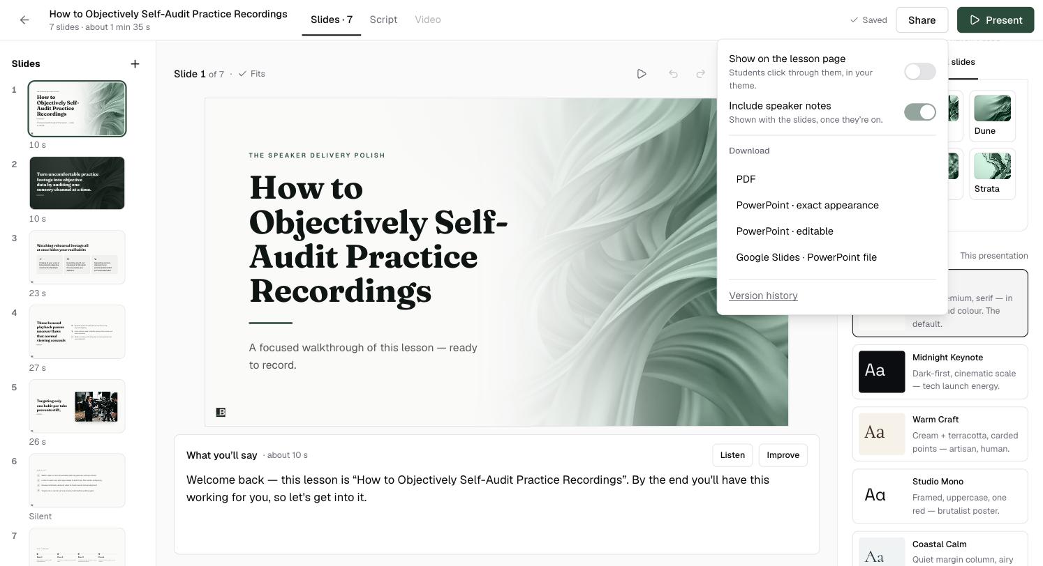 The Share menu on the slide editor, with Download options PDF, PowerPoint exact appearance, PowerPoint editable and Google Slides PowerPoint file
